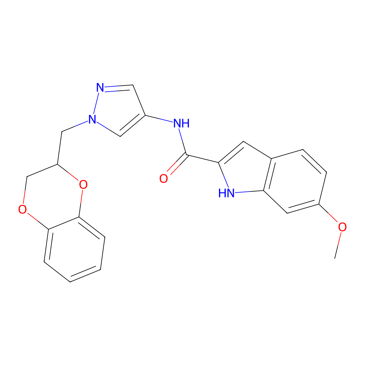 N-(1-((2,3-dihydrobenzo[b][1,4]dioxin-2-yl)methyl)-1H-pyrazol-4-yl)-6-methoxy-1H-indole-2-carboxamide molecular structure, CAS 1795194-27-2