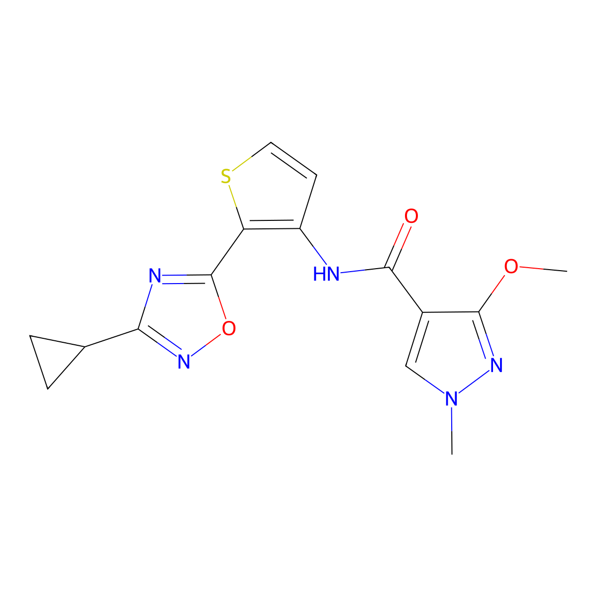N-[2-(3-cyclopropyl-1,2,4-oxadiazol-5-yl)thiophen-3-yl]-3-methoxy-1-methyl-1H-pyrazole-4-carboxamide molecular structure, CAS 1795194-96-5