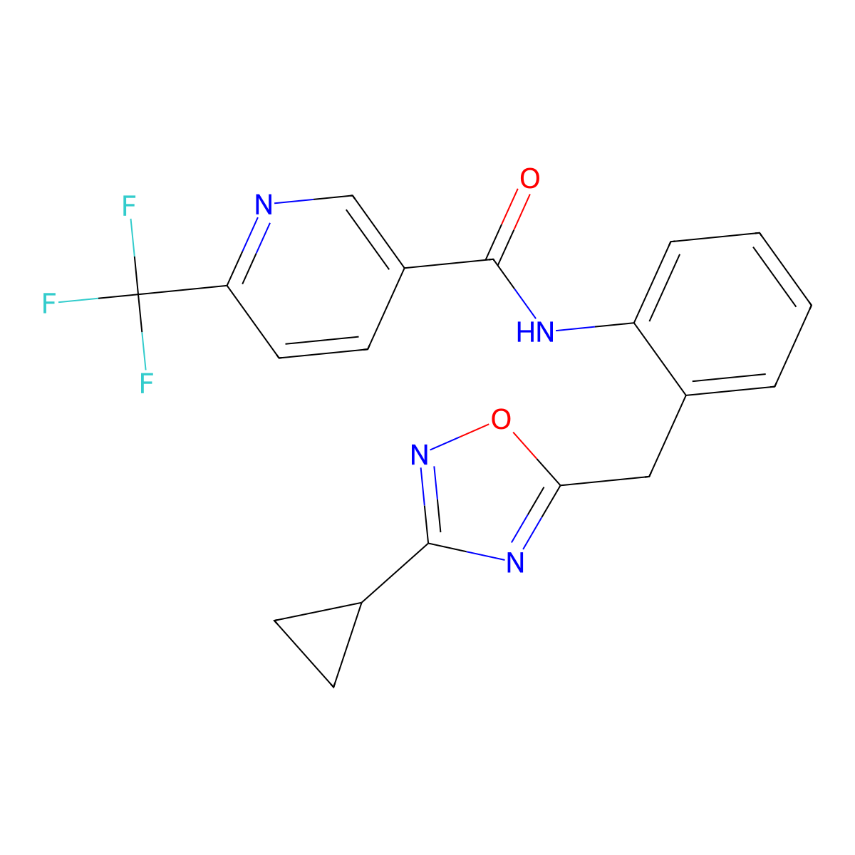 N-(2-((3-cyclopropyl-1,2,4-oxadiazol-5-yl)methyl)phenyl)-6-(trifluoromethyl)nicotinamide molecular structure, CAS 1795195-07-1