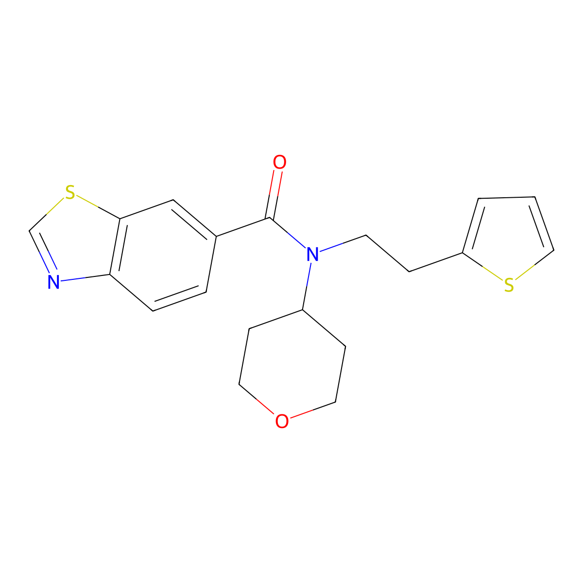 N-(tetrahydro-2H-pyran-4-yl)-N-(2-(thiophen-2-yl)ethyl)benzo[d]thiazole-6-carboxamide molecular structure, CAS 1795195-52-6