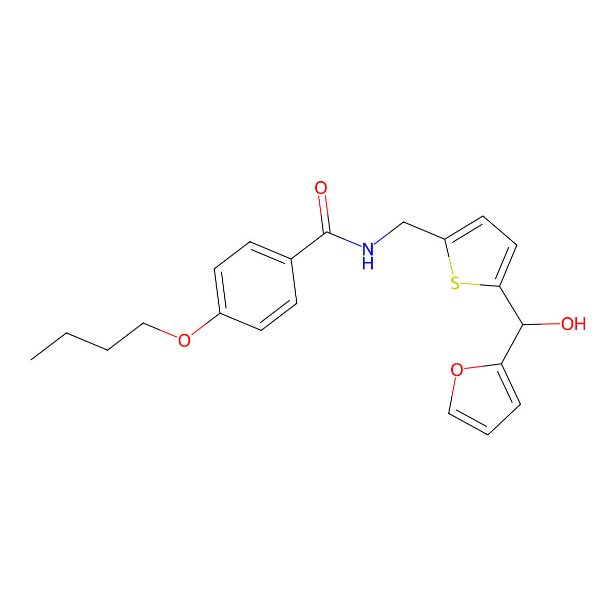 4-butoxy-N-((5-(furan-2-yl(hydroxy)methyl)thiophen-2-yl)methyl)benzamide molecular structure, CAS 1795195-69-5