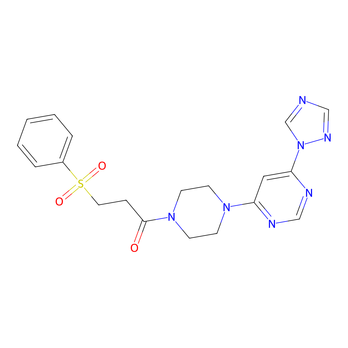 1-(4-(6-(1H-1,2,4-triazol-1-yl)pyrimidin-4-yl)piperazin-1-yl)-3-(phenylsulfonyl)propan-1-one molecular structure, CAS 1795210-85-3