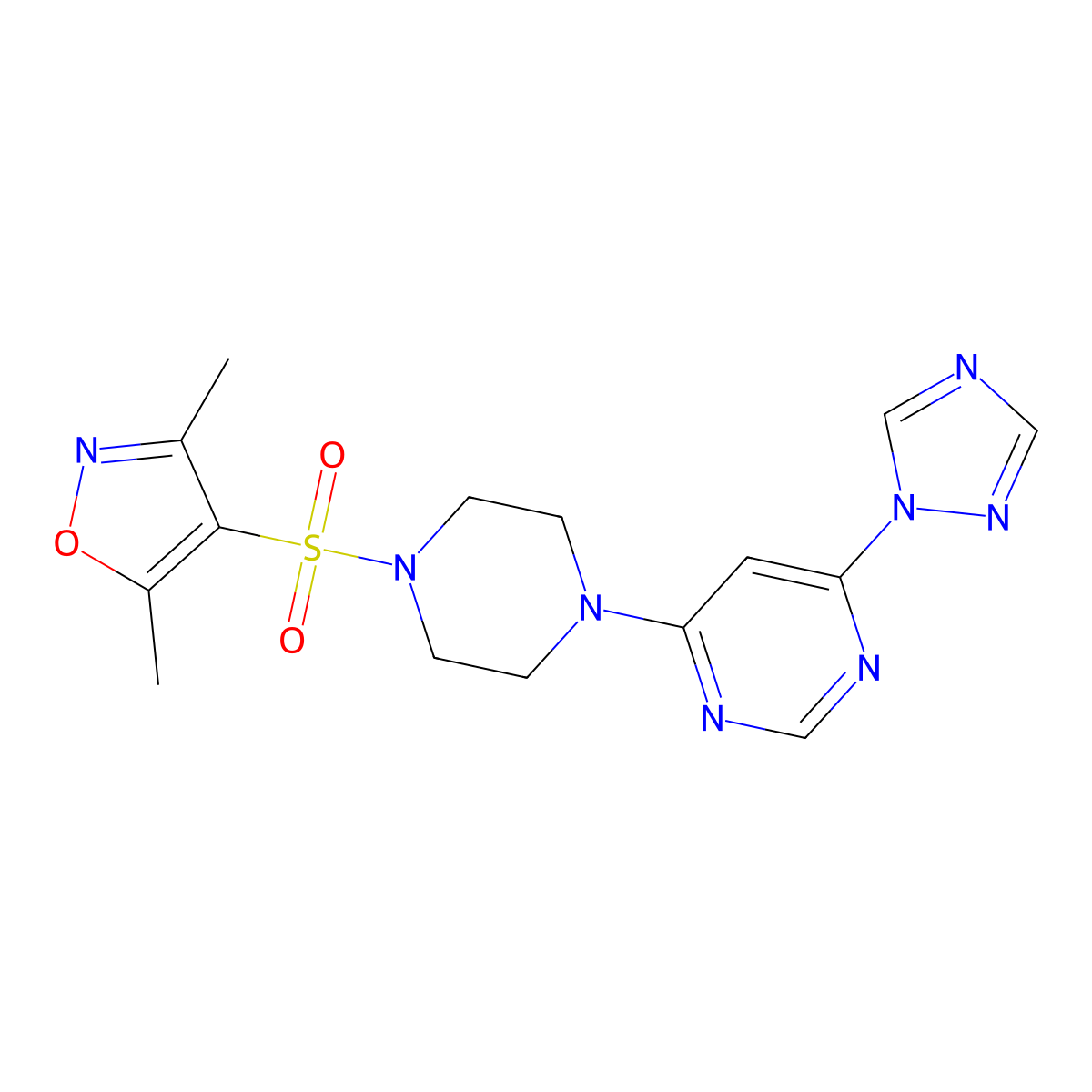 4-((4-(6-(1H-1,2,4-triazol-1-yl)pyrimidin-4-yl)piperazin-1-yl)sulfonyl)-3,5-dimethylisoxazole molecular structure, CAS 1795211-28-7