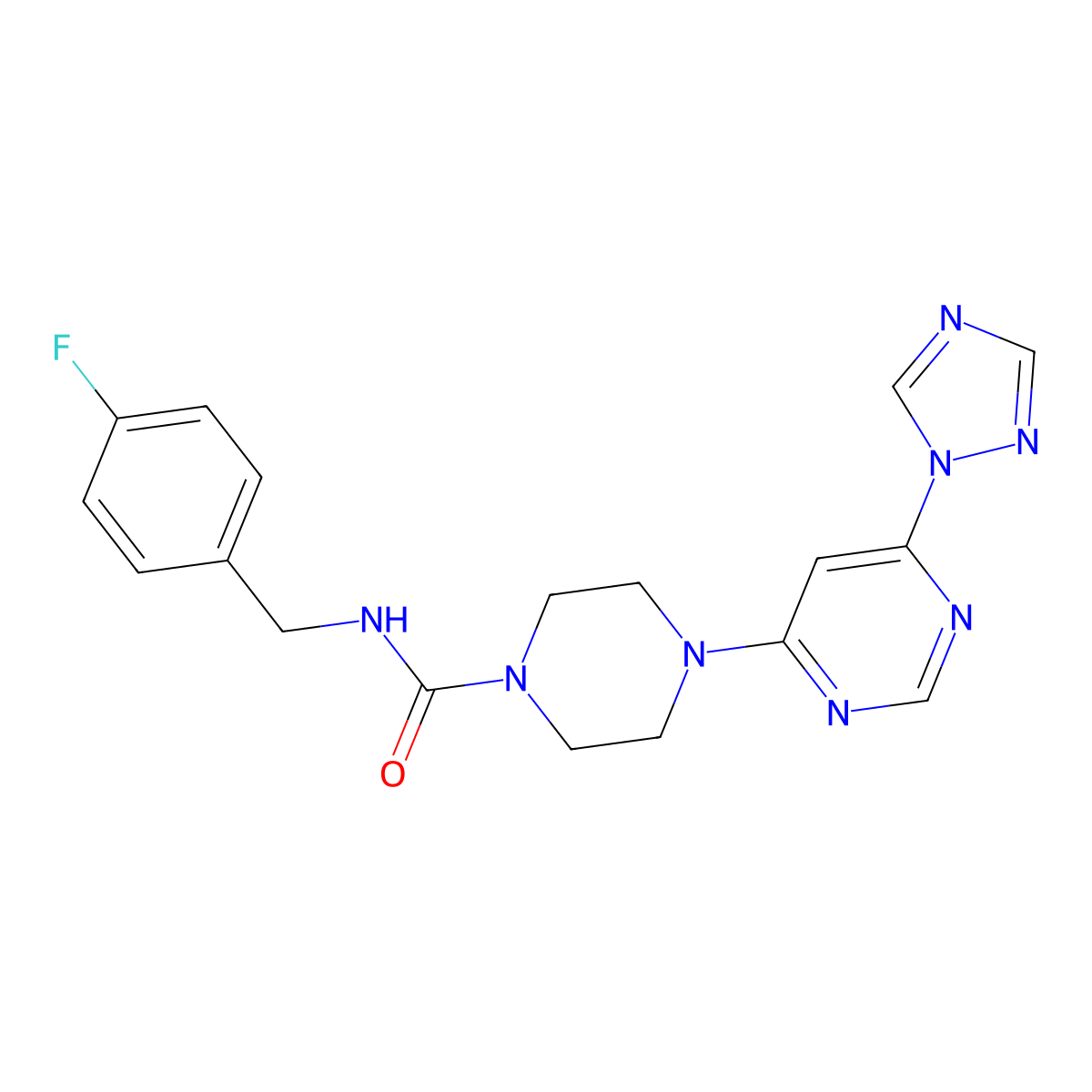 4-(6-(1H-1,2,4-triazol-1-yl)pyrimidin-4-yl)-N-(4-fluorobenzyl)piperazine-1-carboxamide molecular structure, CAS 1795211-43-6