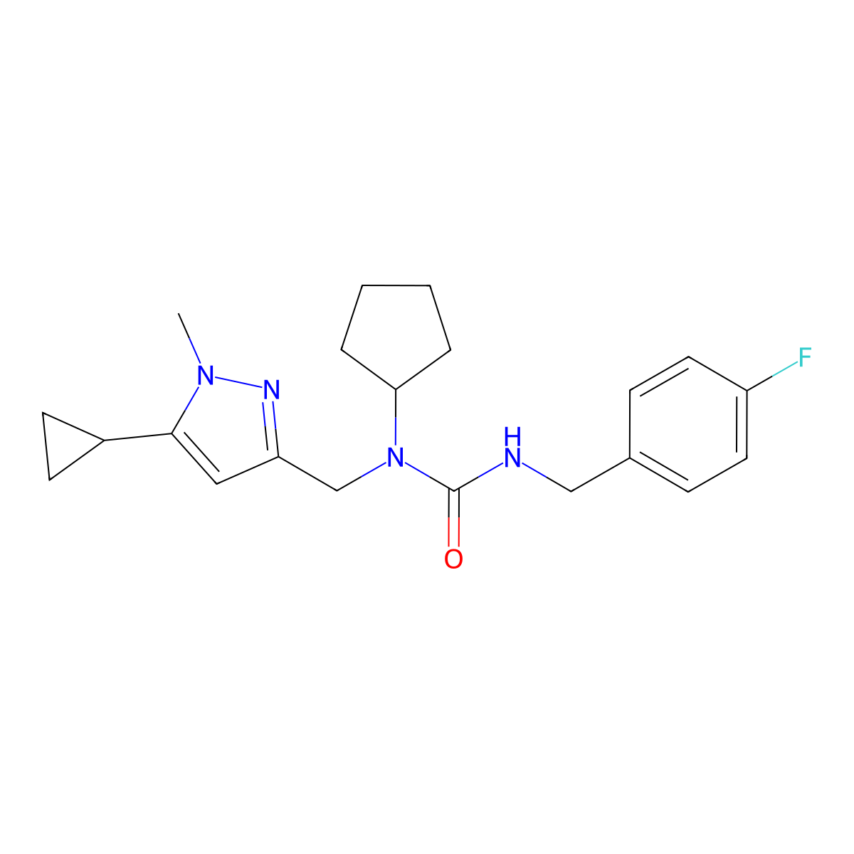 1-cyclopentyl-1-((5-cyclopropyl-1-methyl-1H-pyrazol-3-yl)methyl)-3-(4-fluorobenzyl)urea molecular structure, CAS 1795212-84-8