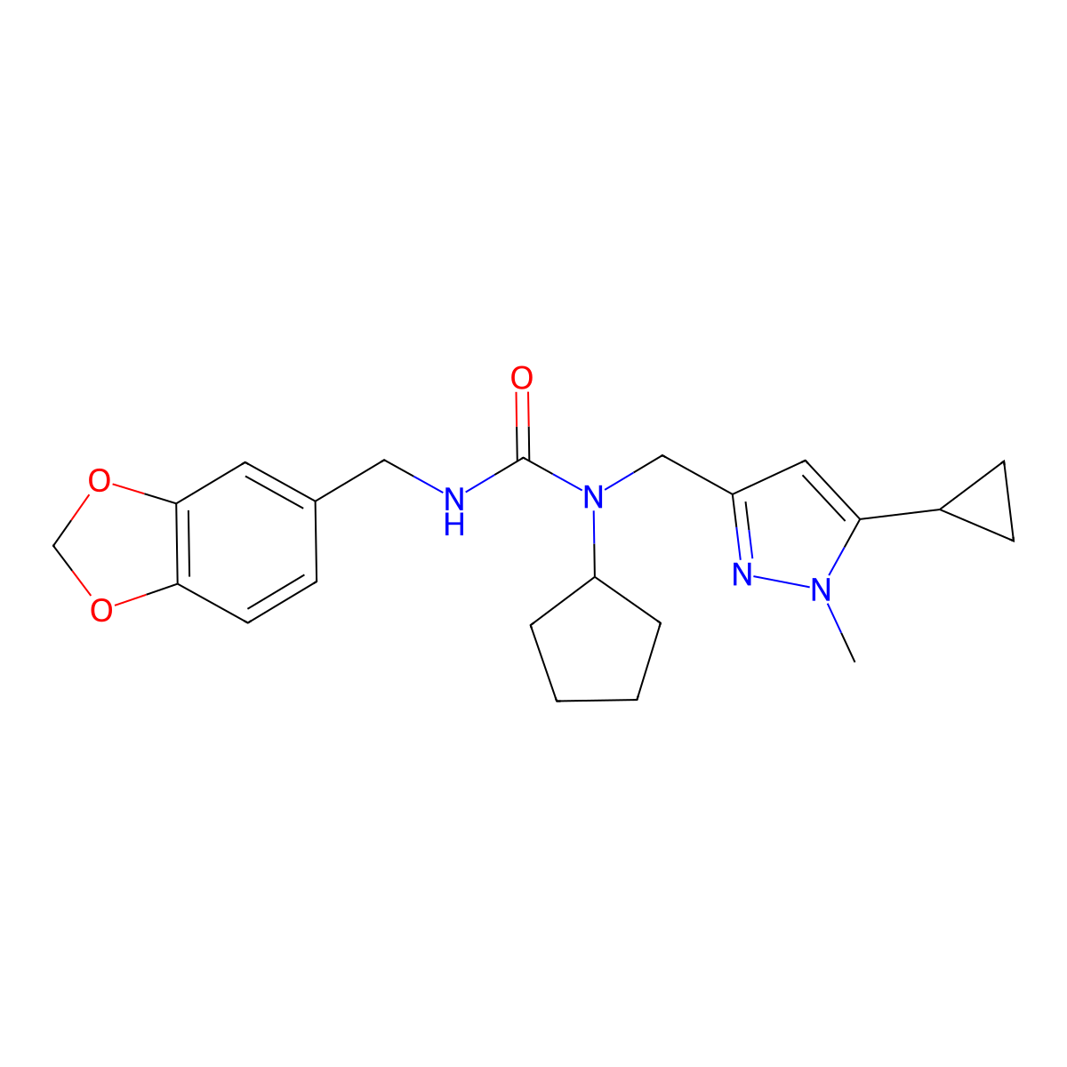 3-(benzo[d][1,3]dioxol-5-ylmethyl)-1-cyclopentyl-1-((5-cyclopropyl-1-methyl-1H-pyrazol-3-yl)methyl)urea molecular structure, CAS 1795212-89-3