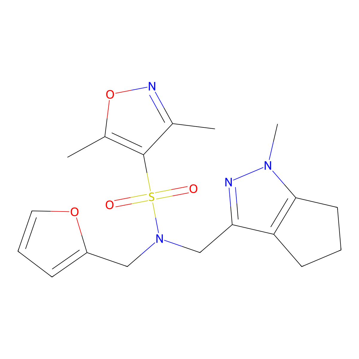 N-(furan-2-ylmethyl)-3,5-dimethyl-N-((1-methyl-1,4,5,6-tetrahydrocyclopenta[c]pyrazol-3-yl)methyl)isoxazole-4-sulfonamide molecular structure, CAS 1795213-07-8