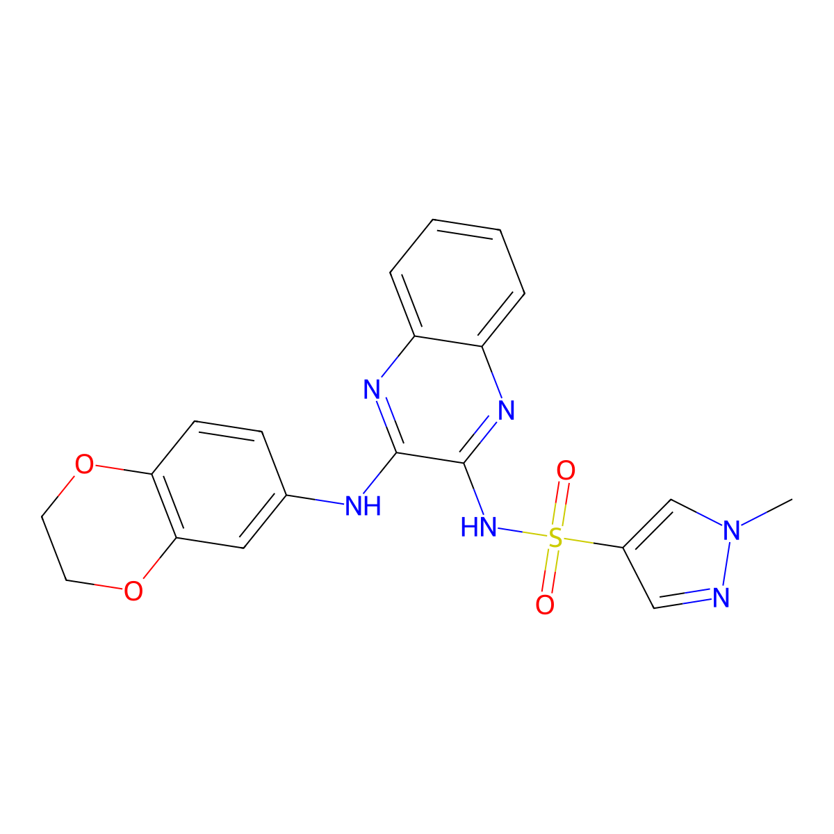 N-(3-((2,3-dihydrobenzo[b][1,4]dioxin-6-yl)amino)quinoxalin-2-yl)-1-methyl-1H-pyrazole-4-sulfonamide molecular structure, CAS 1795213-43-2