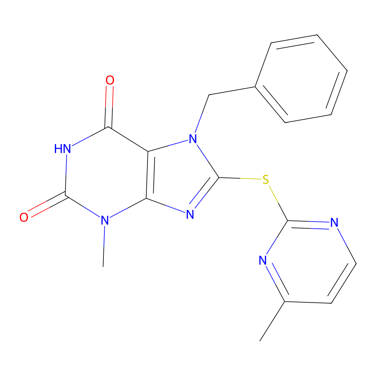 7-Benzyl-3-methyl-8-(4-methylpyrimidin-2-yl)sulfanylpurine-2,6-dione molecular structure, CAS 1795214-01-5