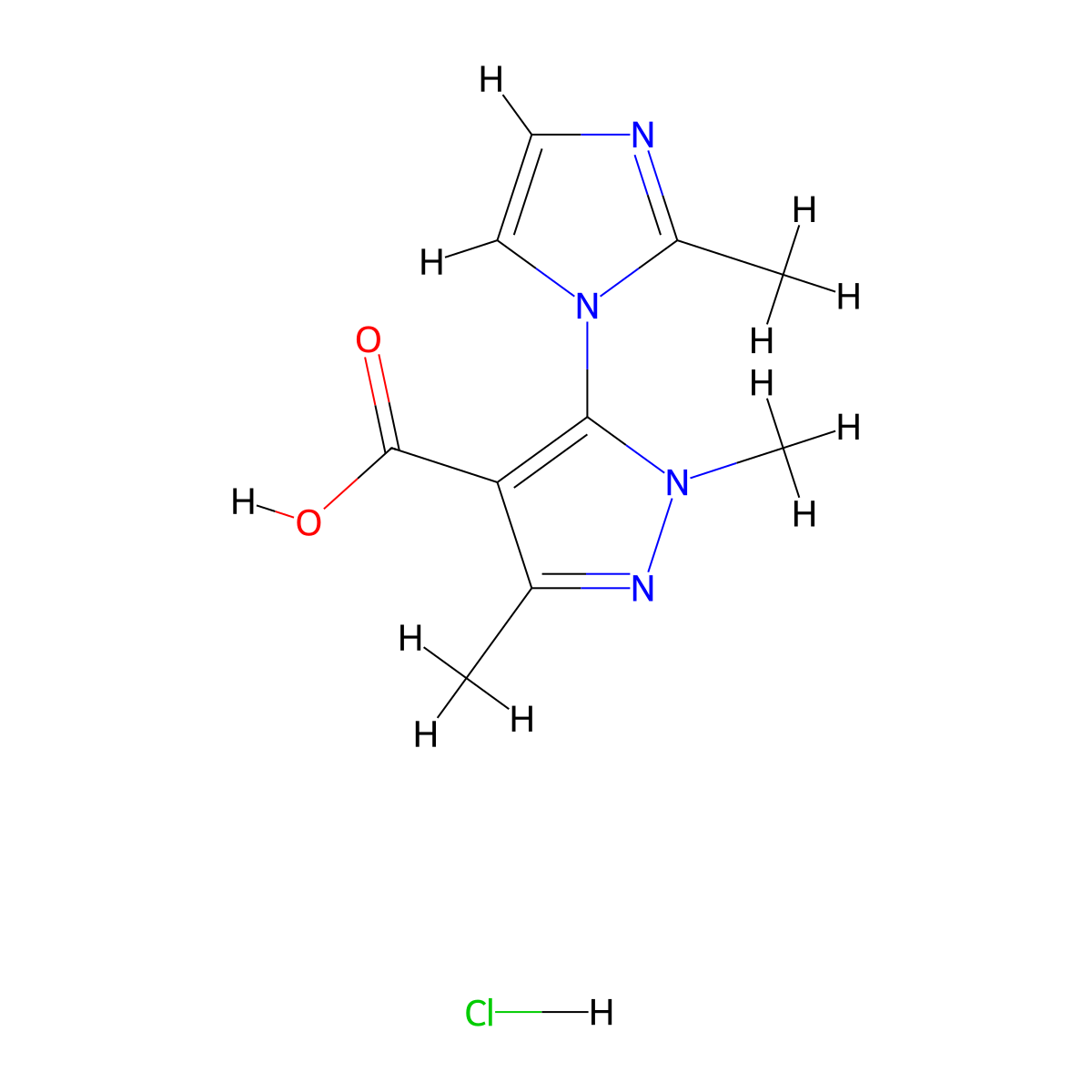 1,3-dimethyl-5-(2-methyl-1H-imidazol-1-yl)-1H-pyrazole-4-carboxylic acid hydrochloride molecular structure, CAS 1795275-68-1