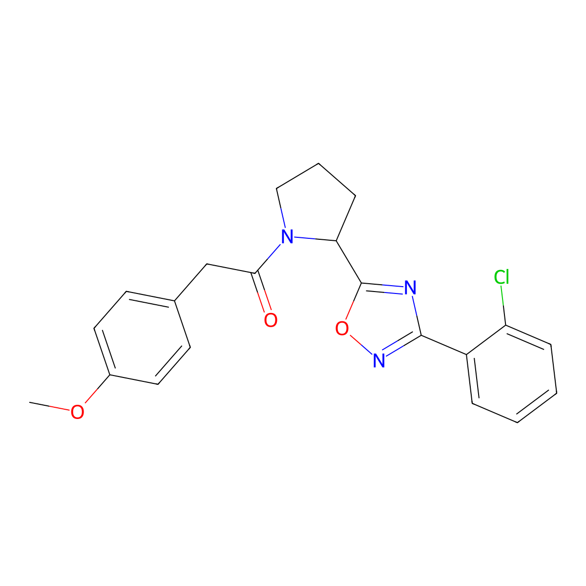 3-(2-Chlorophenyl)-5-{1-[(4-methoxyphenyl)acetyl]pyrrolidin-2-yl}-1,2,4-oxadiazole molecular structure, CAS 1795293-37-6