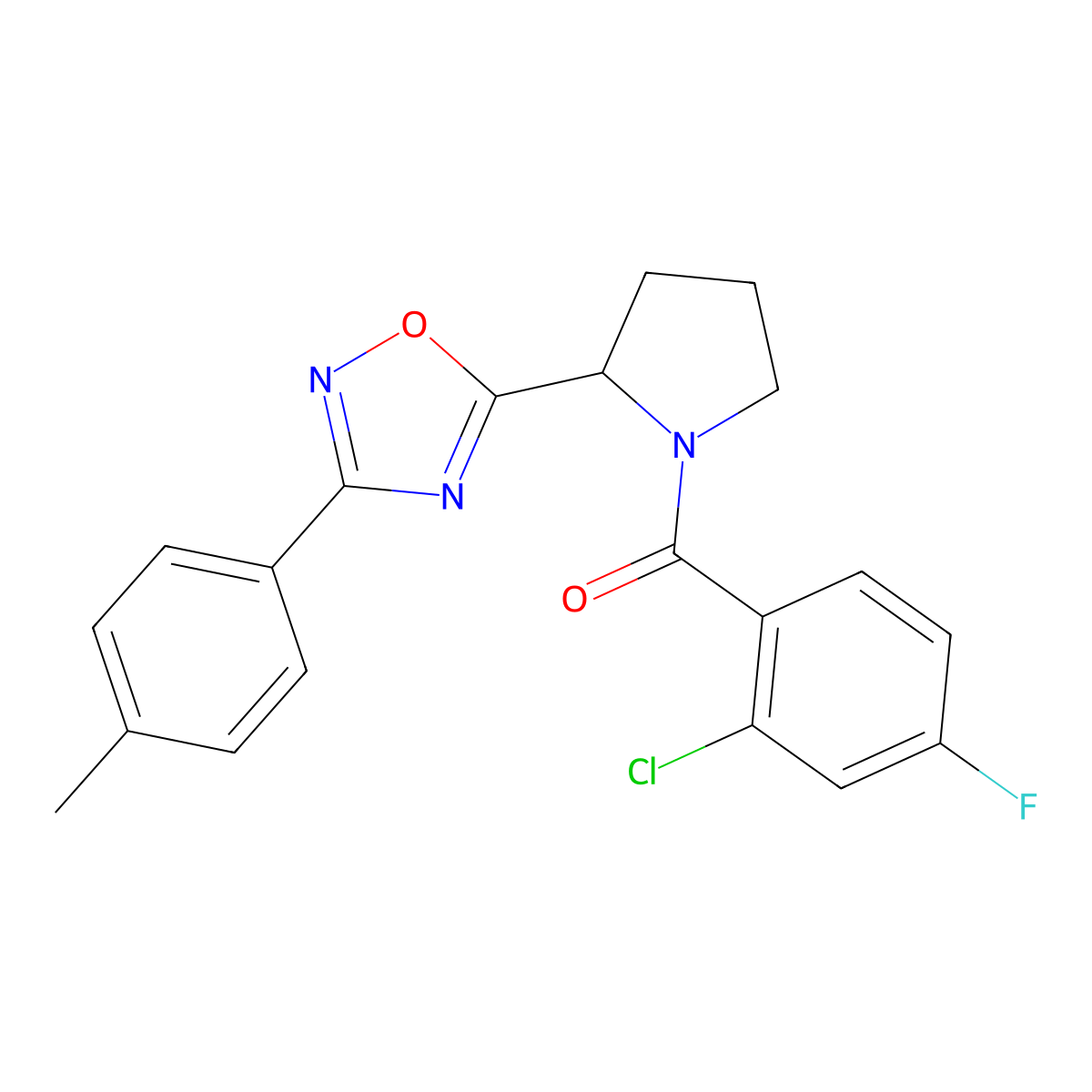 5-[1-(2-Chloro-4-fluorobenzoyl)pyrrolidin-2-yl]-3-(4-methylphenyl)-1,2,4-oxadiazole molecular structure, CAS 1795293-48-9