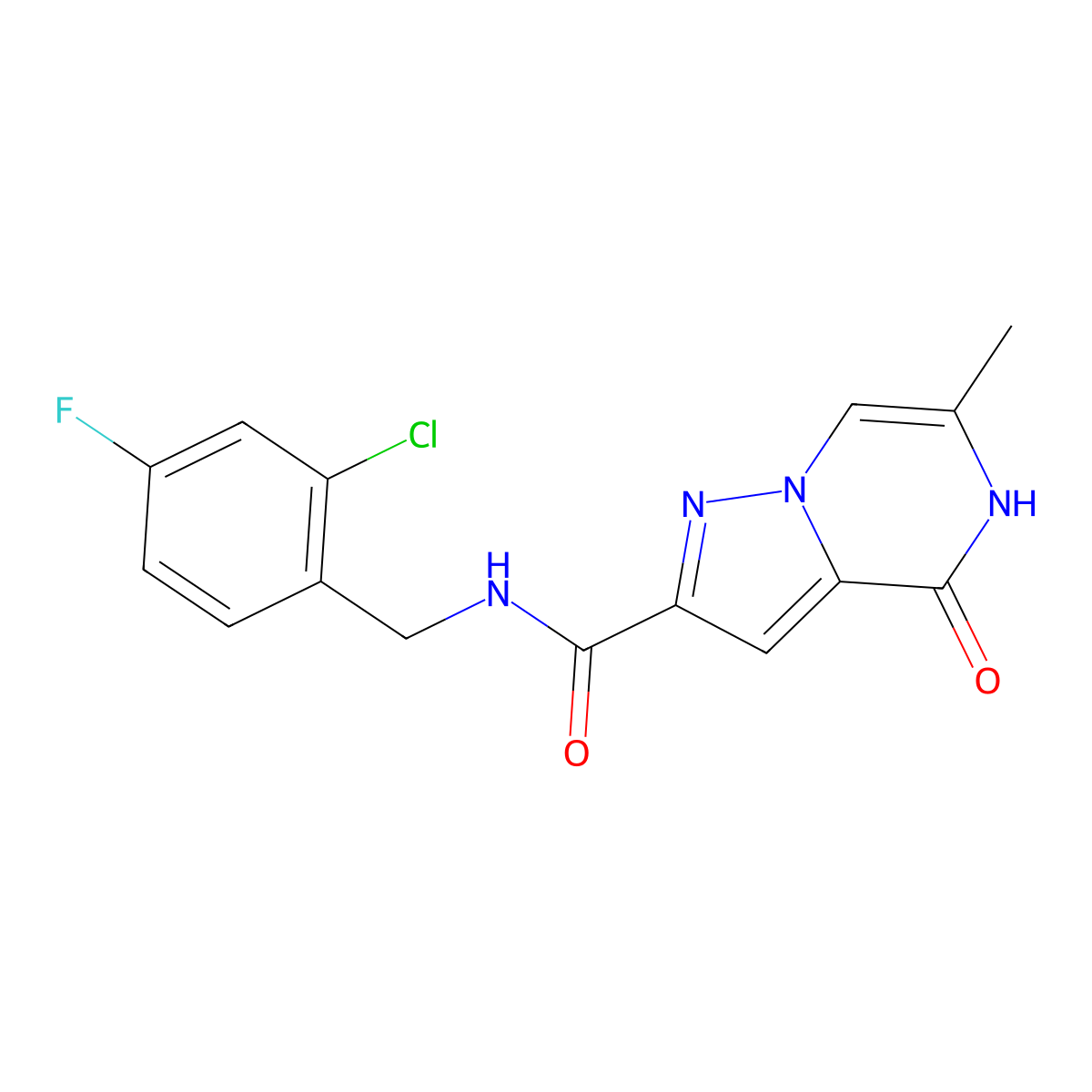 N-(2-chloro-4-fluorobenzyl)-6-methyl-4-oxo-4,5-dihydropyrazolo[1,5-a]pyrazine-2-carboxamide molecular structure, CAS 1795295-31-6