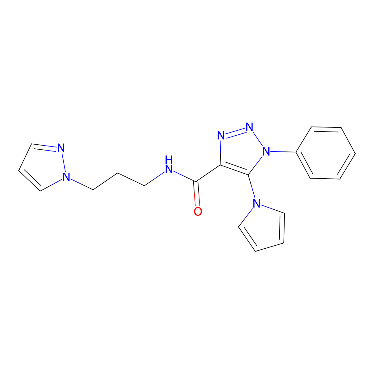 1-phenyl-N-[3-(1H-pyrazol-1-yl)propyl]-5-(1H-pyrrol-1-yl)-1H-1,2,3-triazole-4-carboxamide molecular structure, CAS 1795295-44-1