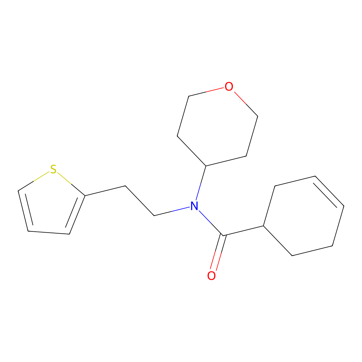 N-(tetrahydro-2H-pyran-4-yl)-N-(2-(thiophen-2-yl)ethyl)cyclohex-3-enecarboxamide molecular structure, CAS 1795295-83-8