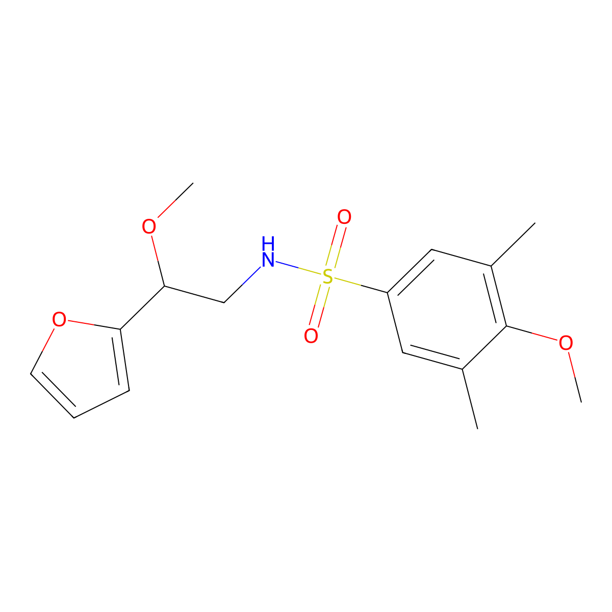 N-(2-(furan-2-yl)-2-methoxyethyl)-4-methoxy-3,5-dimethylbenzenesulfonamide molecular structure, CAS 1795296-03-5