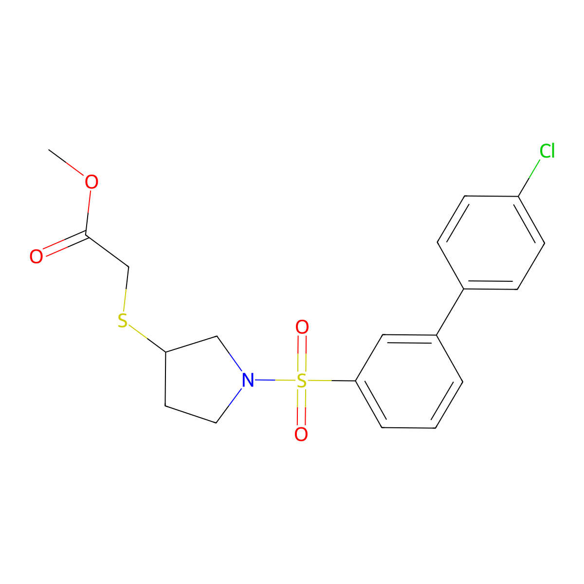 Methyl 2-((1-((4'-chloro-[1,1'-biphenyl]-3-yl)sulfonyl)pyrrolidin-3-yl)thio)acetate molecular structure, CAS 1795296-12-6