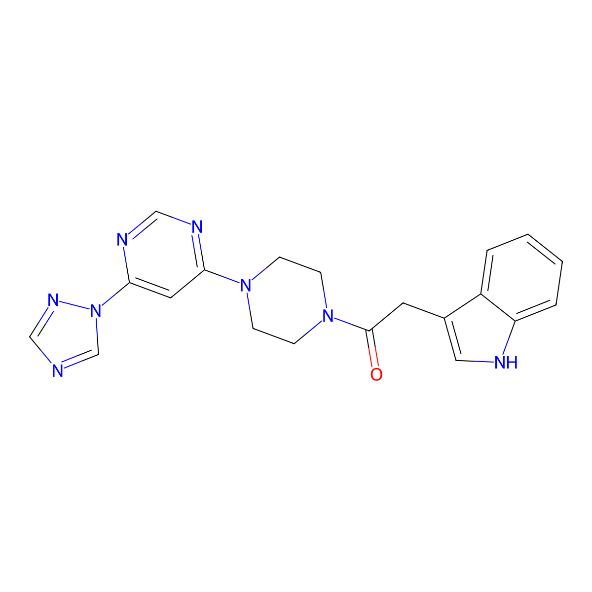 1-(4-(6-(1H-1,2,4-triazol-1-yl)pyrimidin-4-yl)piperazin-1-yl)-2-(1H-indol-3-yl)ethanone molecular structure, CAS 1795296-90-0
