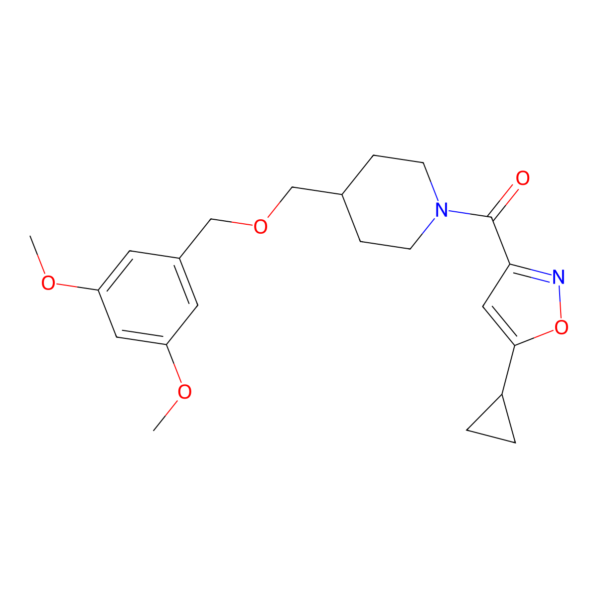 (5-Cyclopropylisoxazol-3-yl)(4-(((3,5-dimethoxybenzyl)oxy)methyl)piperidin-1-yl)methanone molecular structure, CAS 1795297-13-0