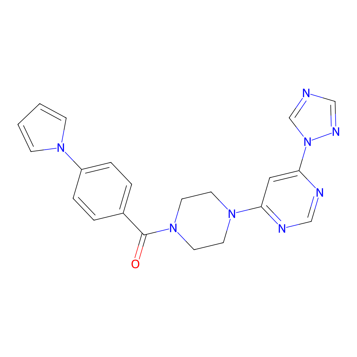 (4-(6-(1H-1,2,4-triazol-1-yl)pyrimidin-4-yl)piperazin-1-yl)(4-(1H-pyrrol-1-yl)phenyl)methanone molecular structure, CAS 1795297-14-1