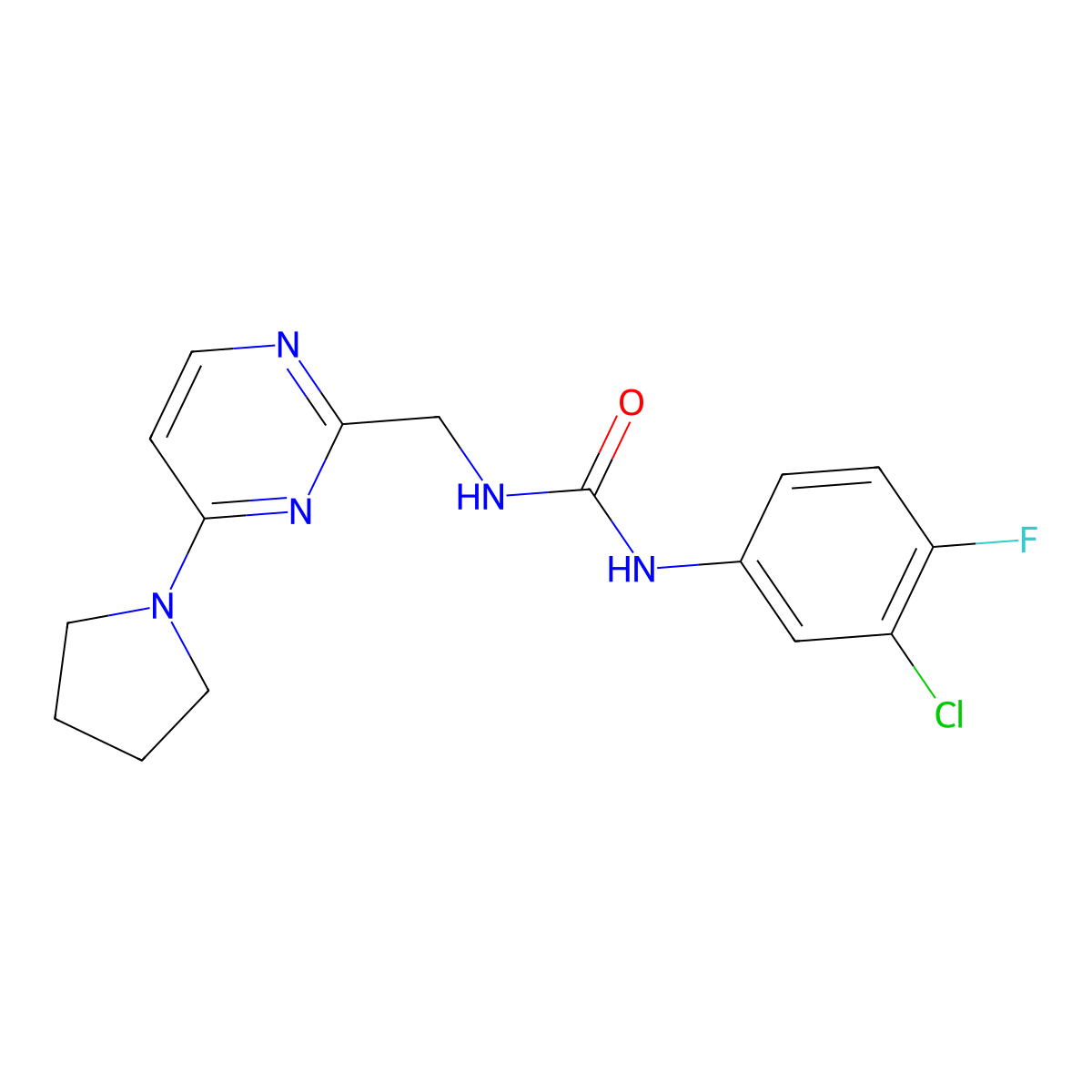 1-(3-Chloro-4-fluorophenyl)-3-{[4-(pyrrolidin-1-yl)pyrimidin-2-yl]methyl}urea molecular structure, CAS 1795297-92-5