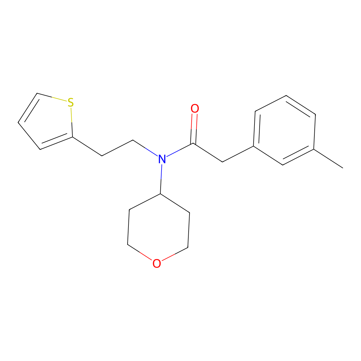 N-(tetrahydro-2H-pyran-4-yl)-N-(2-(thiophen-2-yl)ethyl)-2-(m-tolyl)acetamide molecular structure, CAS 1795298-10-0
