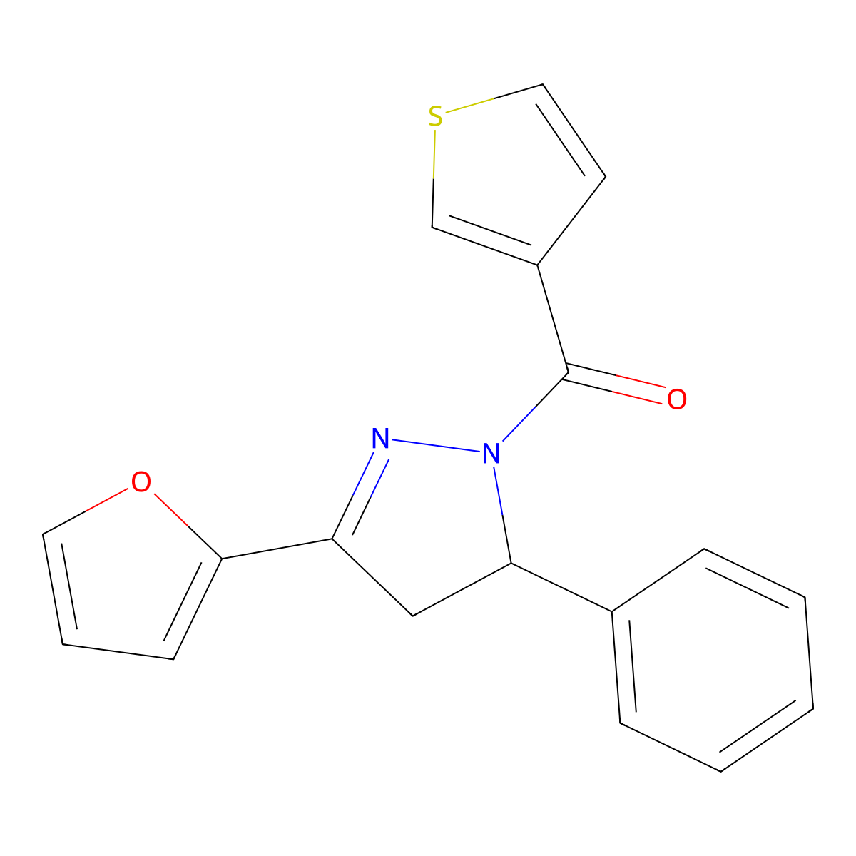 3-(furan-2-yl)-5-phenyl-1-(thiophene-3-carbonyl)-4,5-dihydro-1H-pyrazole molecular structure, CAS 1795298-16-6