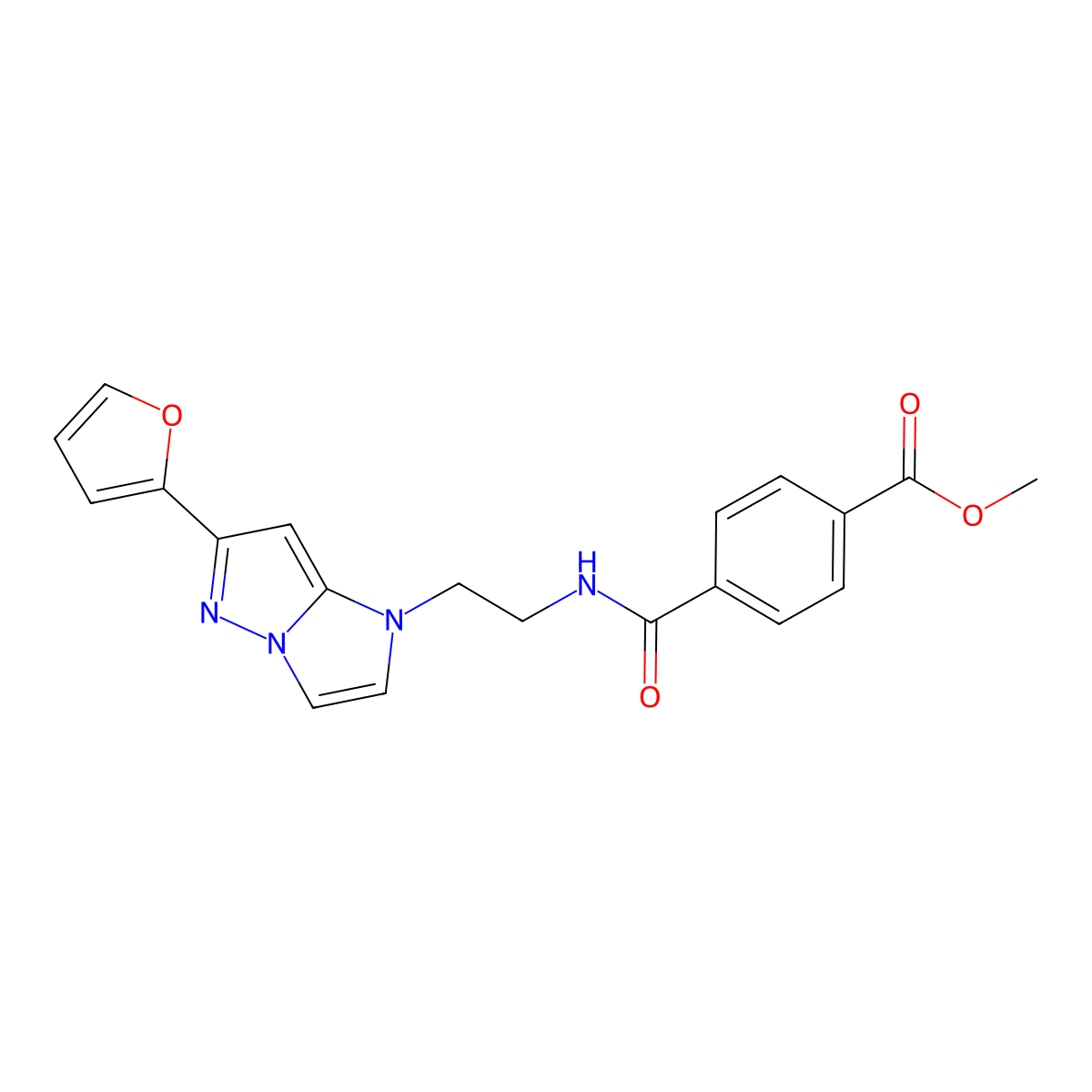 methyl 4-((2-(6-(furan-2-yl)-1H-imidazo[1,2-b]pyrazol-1-yl)ethyl)carbamoyl)benzoate molecular structure, CAS 1795298-26-8