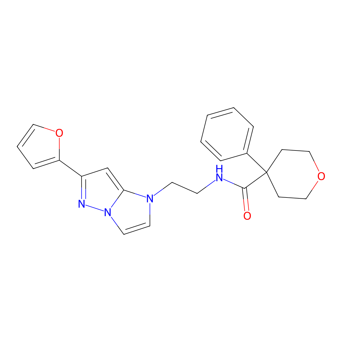 N-(2-(6-(furan-2-yl)-1H-imidazo[1,2-b]pyrazol-1-yl)ethyl)-4-phenyltetrahydro-2H-pyran-4-carboxamide molecular structure, CAS 1795298-33-7