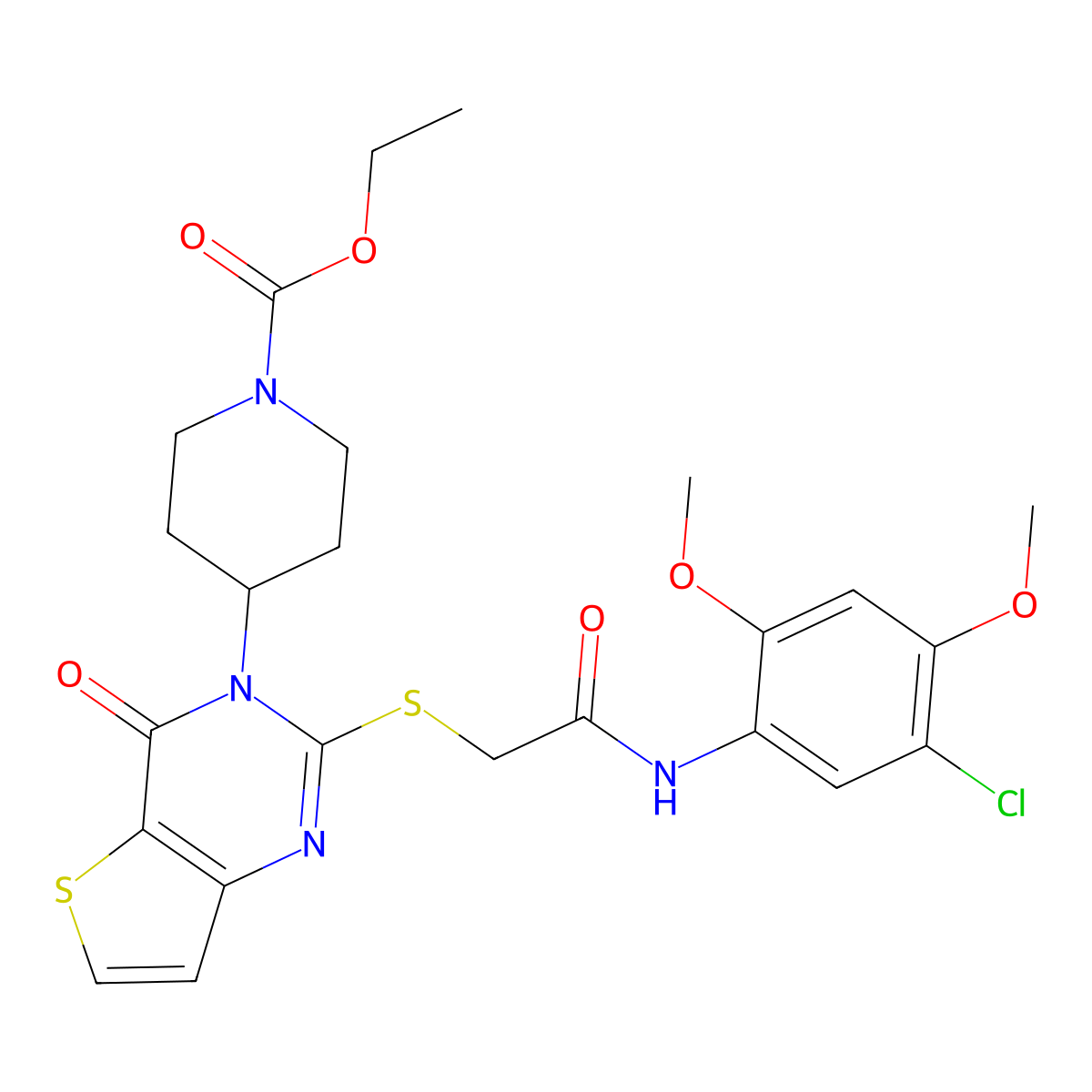 ethyl 4-(2-((2-((5-chloro-2,4-dimethoxyphenyl)amino)-2-oxoethyl)thio)-4-oxothieno[3,2-d]pyrimidin-3(4H)-yl)piperidine-1-carboxylate molecular structure, CAS 1795298-43-9