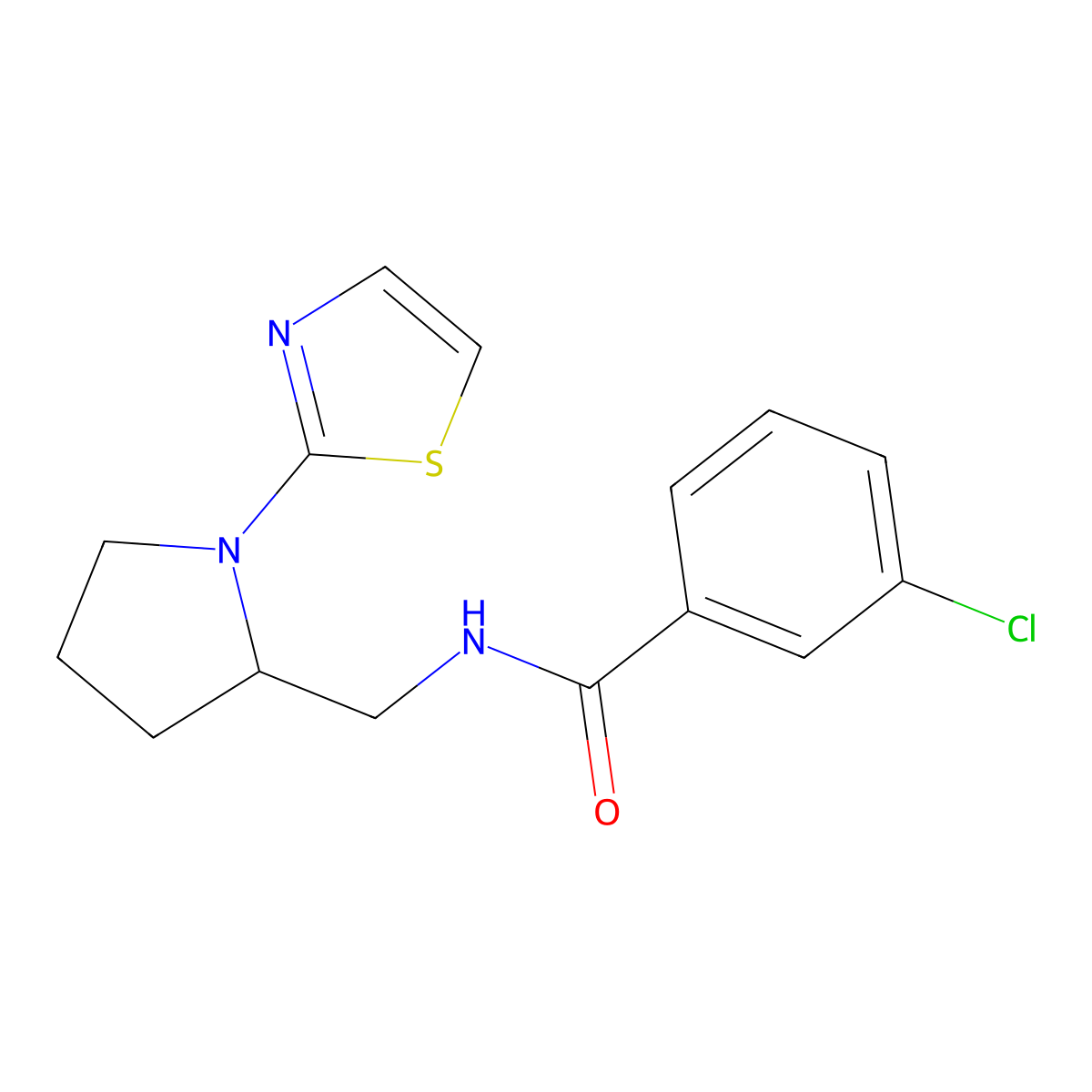 3-chloro-N-((1-(thiazol-2-yl)pyrrolidin-2-yl)methyl)benzamide molecular structure, CAS 1795298-74-6