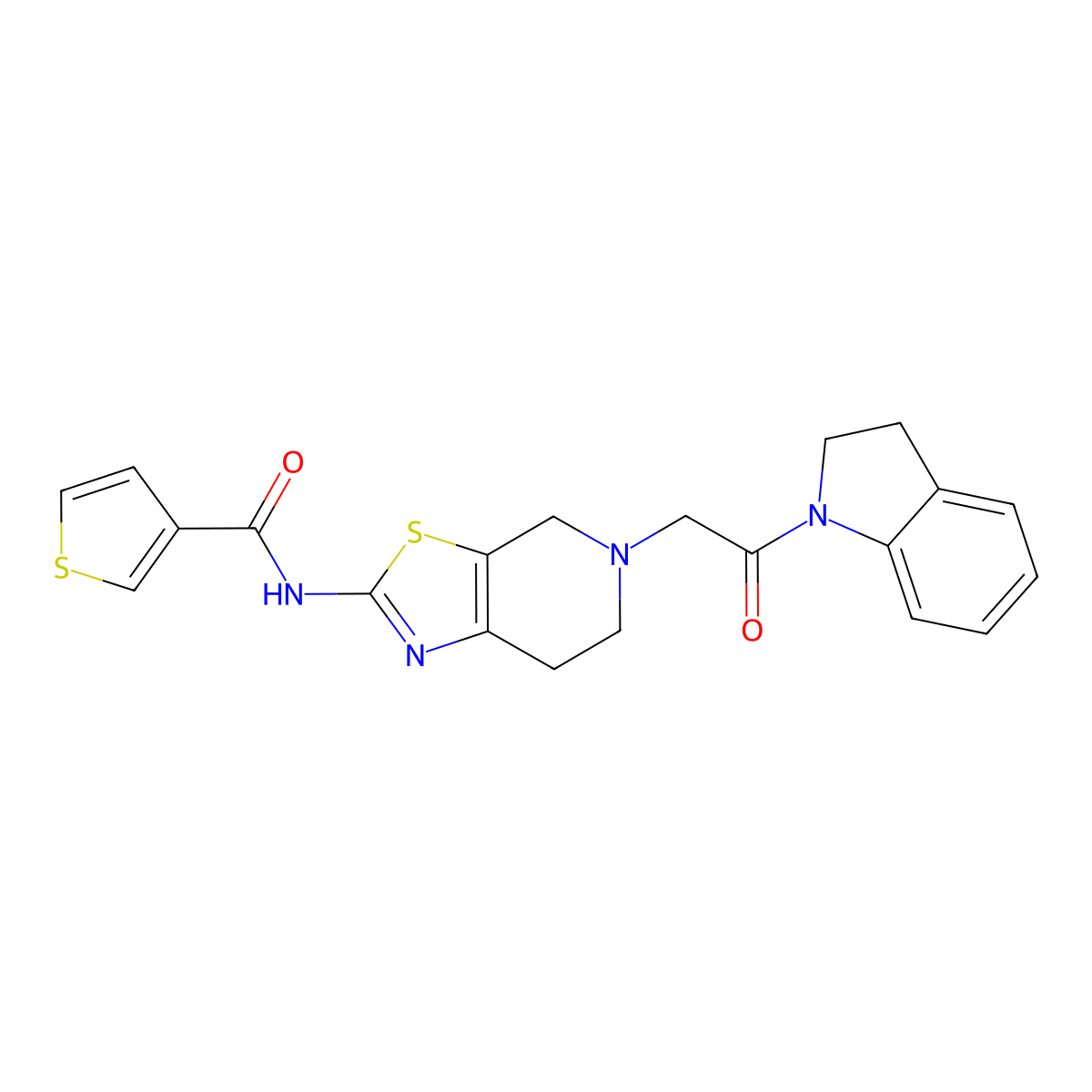 N-(5-(2-(indolin-1-yl)-2-oxoethyl)-4,5,6,7-tetrahydrothiazolo[5,4-c]pyridin-2-yl)thiophene-3-carboxamide molecular structure, CAS 1795298-78-0