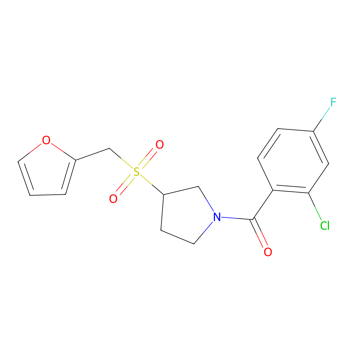 (2-Chloro-4-fluorophenyl)(3-((furan-2-ylmethyl)sulfonyl)pyrrolidin-1-yl)methanone molecular structure, CAS 1795298-89-3