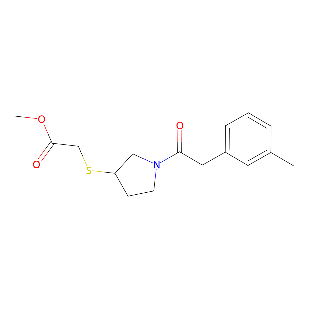 Methyl 2-((1-(2-(m-tolyl)acetyl)pyrrolidin-3-yl)thio)acetate molecular structure, CAS 1795299-08-9