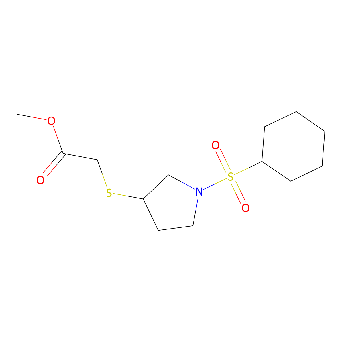 Methyl 2-((1-(cyclohexylsulfonyl)pyrrolidin-3-yl)thio)acetate molecular structure, CAS 1795299-12-5