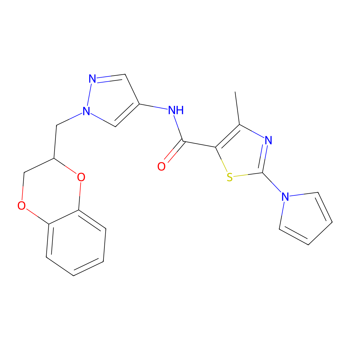 N-(1-((2,3-dihydrobenzo[b][1,4]dioxin-2-yl)methyl)-1H-pyrazol-4-yl)-4-methyl-2-(1H-pyrrol-1-yl)thiazole-5-carboxamide molecular structure, CAS 1795299-40-9