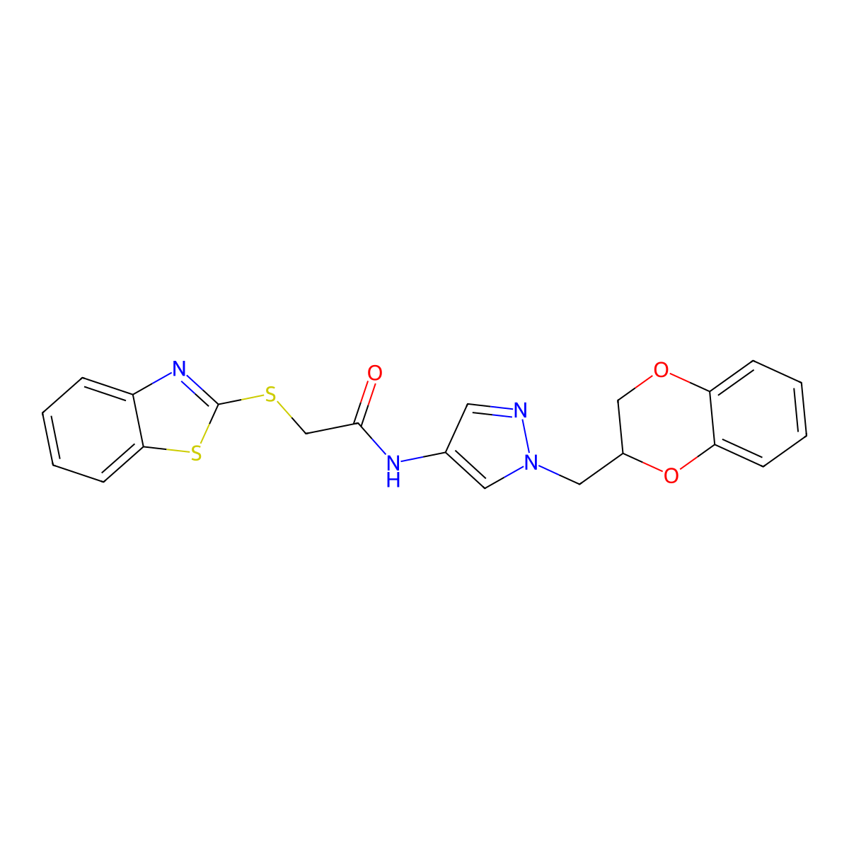 2-(benzo[d]thiazol-2-ylthio)-N-(1-((2,3-dihydrobenzo[b][1,4]dioxin-2-yl)methyl)-1H-pyrazol-4-yl)acetamide molecular structure, CAS 1795299-49-8