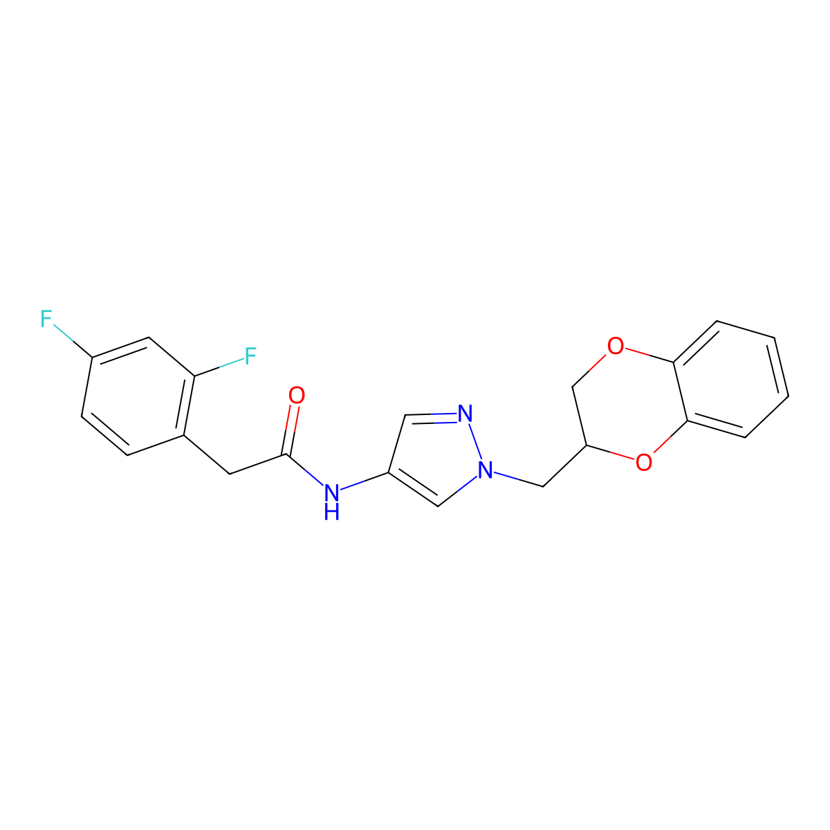 2-(2,4-difluorophenyl)-N-{1-[(2,3-dihydro-1,4-benzodioxin-2-yl)methyl]-1H-pyrazol-4-yl}acetamide molecular structure, CAS 1795299-58-9