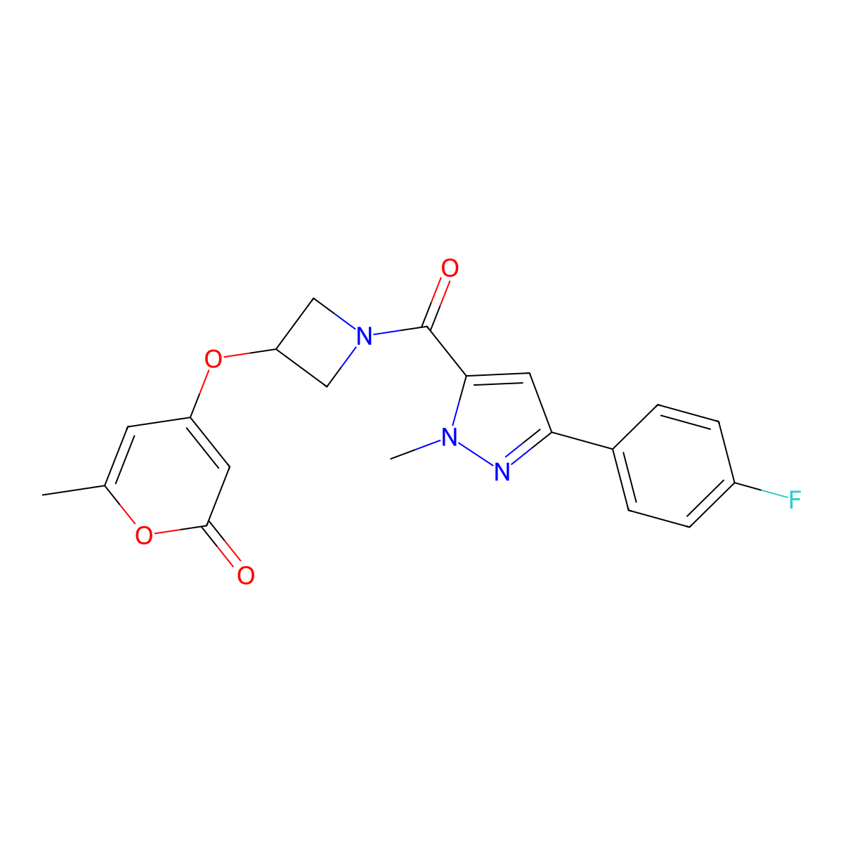 4-((1-(3-(4-fluorophenyl)-1-methyl-1H-pyrazole-5-carbonyl)azetidin-3-yl)oxy)-6-methyl-2H-pyran-2-one molecular structure, CAS 1795300-11-6