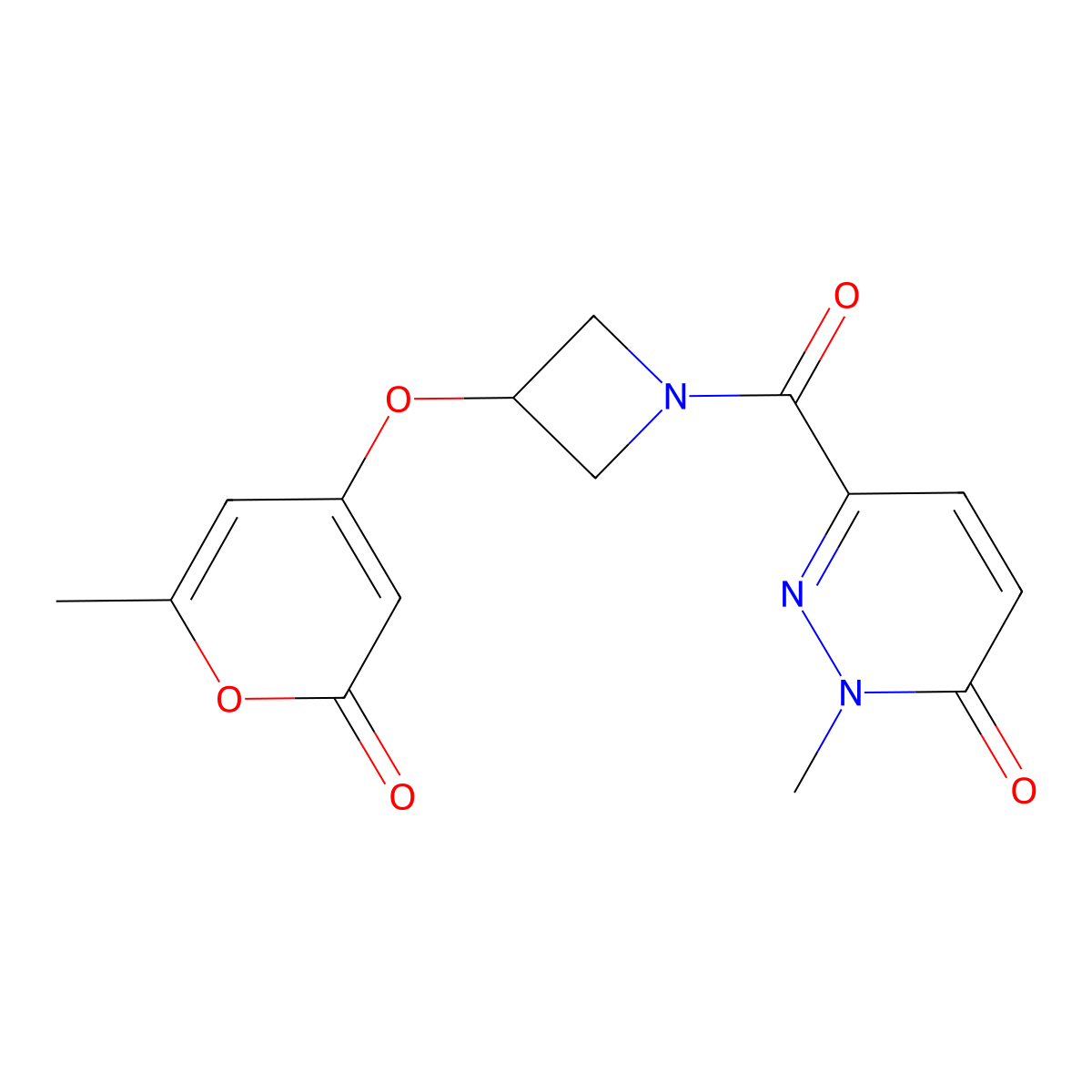 2-methyl-6-(3-((6-methyl-2-oxo-2H-pyran-4-yl)oxy)azetidine-1-carbonyl)pyridazin-3(2H)-one molecular structure, CAS 1795300-18-3