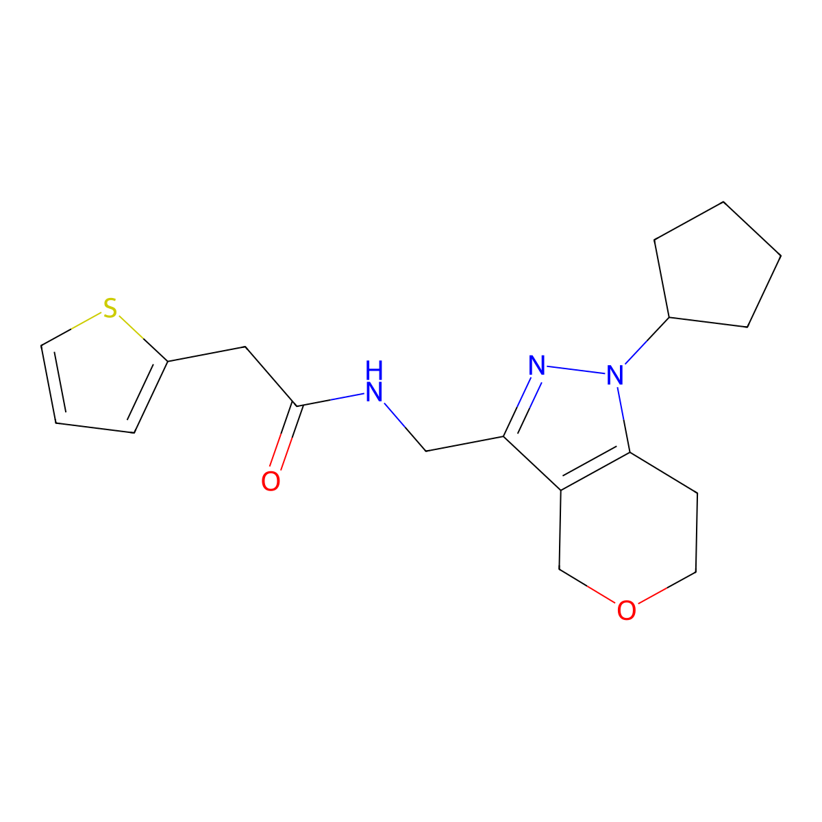 N-((1-cyclopentyl-1,4,6,7-tetrahydropyrano[4,3-c]pyrazol-3-yl)methyl)-2-(thiophen-2-yl)acetamide molecular structure, CAS 1795300-60-5