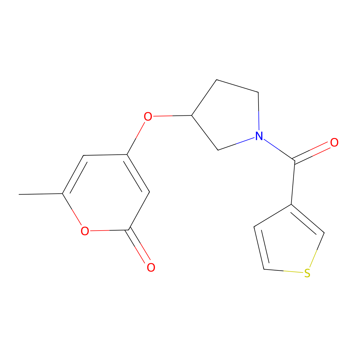 6-methyl-4-((1-(thiophene-3-carbonyl)pyrrolidin-3-yl)oxy)-2H-pyran-2-one molecular structure, CAS 1795301-02-8