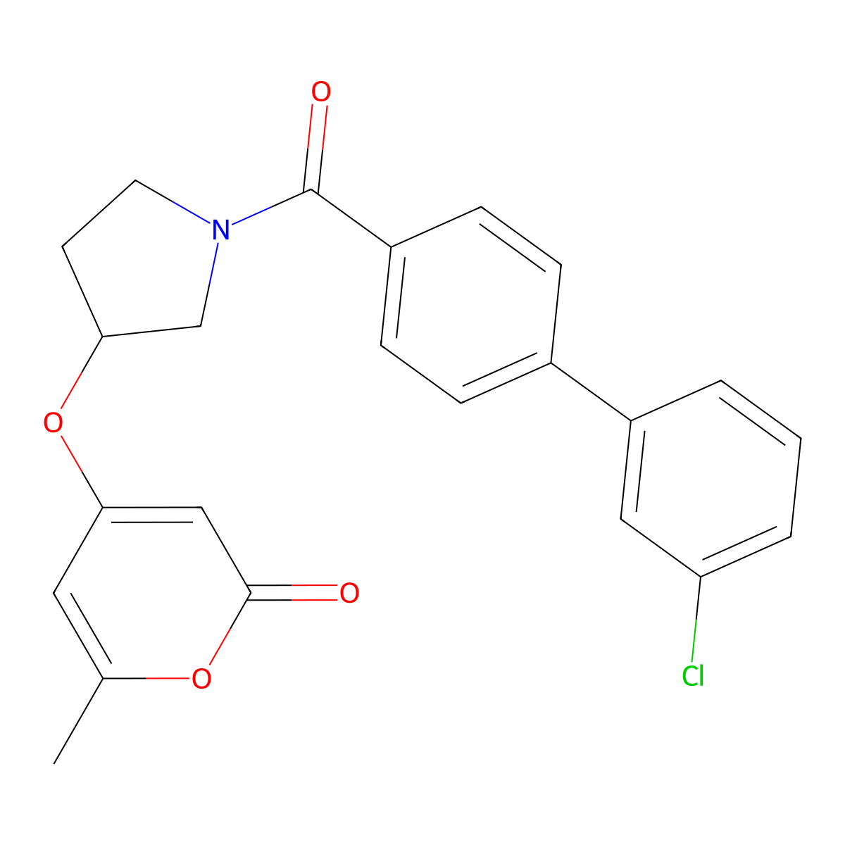4-((1-(3'-chloro-[1,1'-biphenyl]-4-carbonyl)pyrrolidin-3-yl)oxy)-6-methyl-2H-pyran-2-one molecular structure, CAS 1795301-15-3
