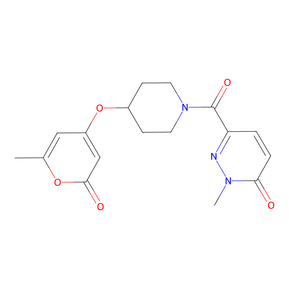 2-methyl-6-(4-((6-methyl-2-oxo-2H-pyran-4-yl)oxy)piperidine-1-carbonyl)pyridazin-3(2H)-one molecular structure, CAS 1795301-23-3