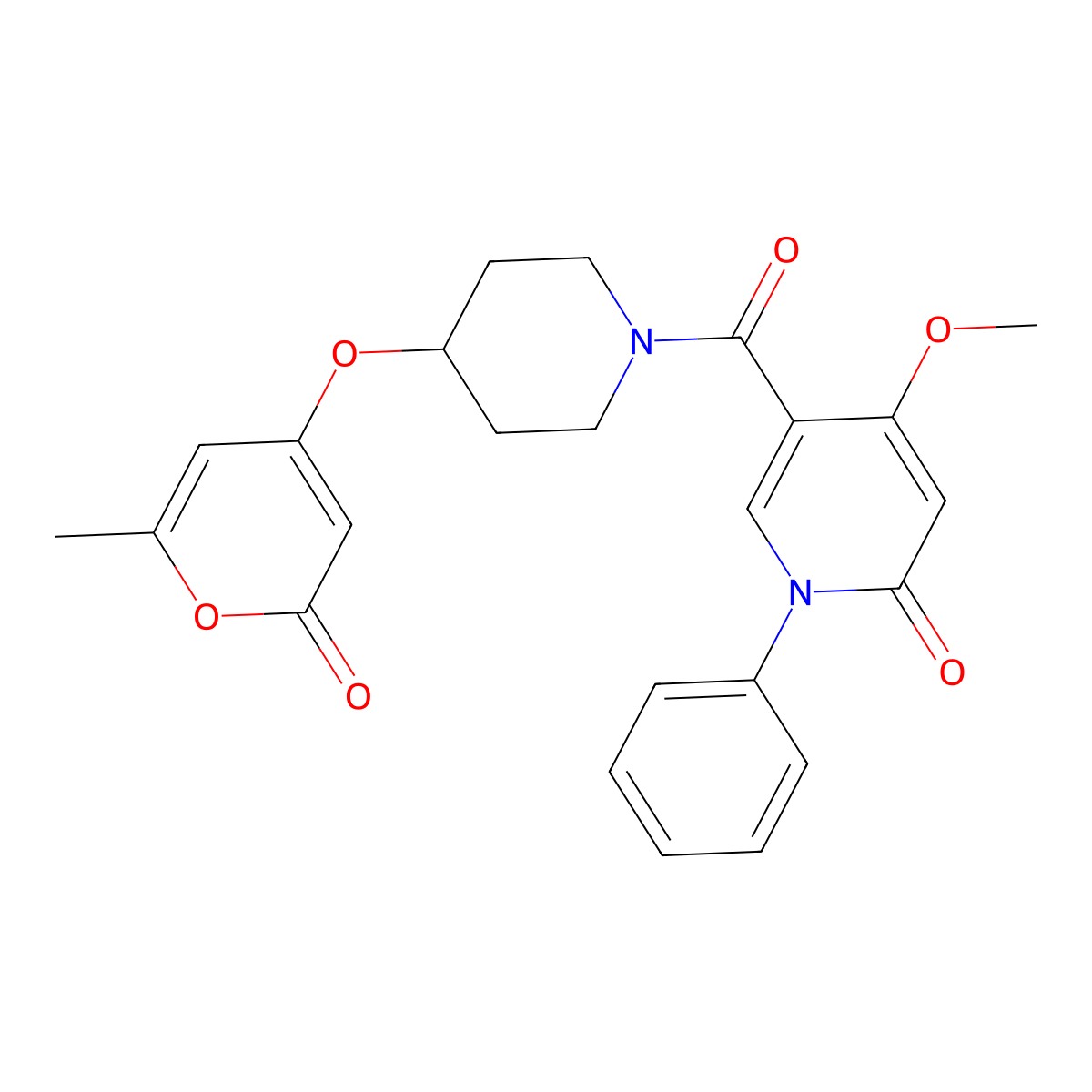 4-methoxy-5-(4-((6-methyl-2-oxo-2H-pyran-4-yl)oxy)piperidine-1-carbonyl)-1-phenylpyridin-2(1H)-one molecular structure, CAS 1795301-31-3