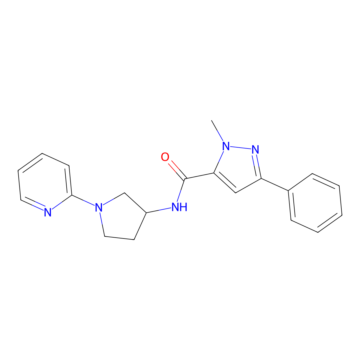 1-methyl-3-phenyl-N-[1-(pyridin-2-yl)pyrrolidin-3-yl]-1H-pyrazole-5-carboxamide molecular structure, CAS 1795301-37-9
