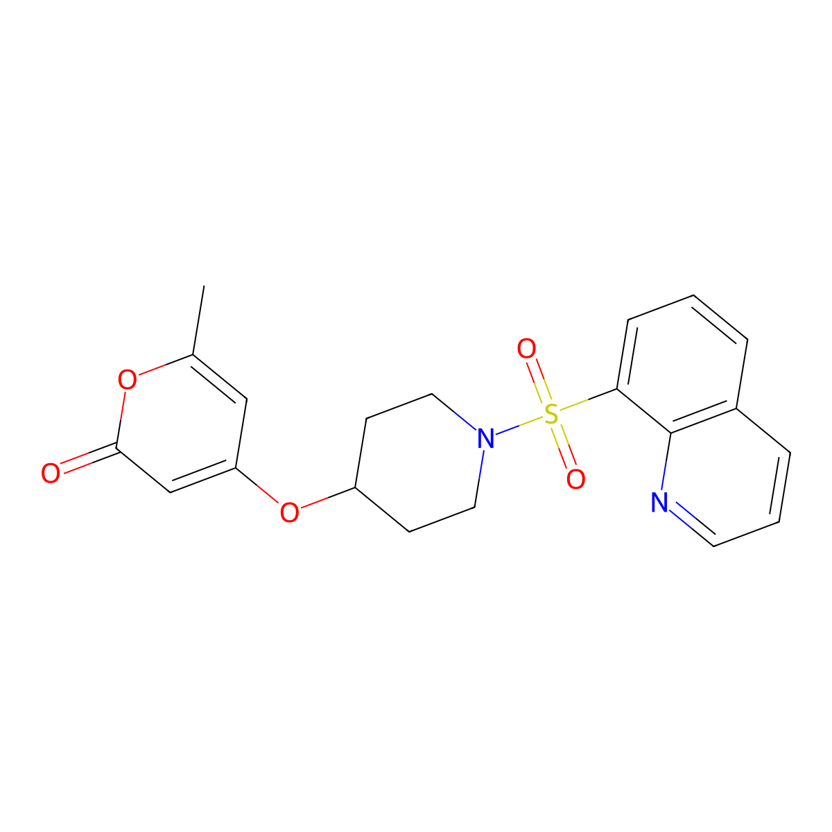 6-methyl-4-((1-(quinolin-8-ylsulfonyl)piperidin-4-yl)oxy)-2H-pyran-2-one molecular structure, CAS 1795301-73-3