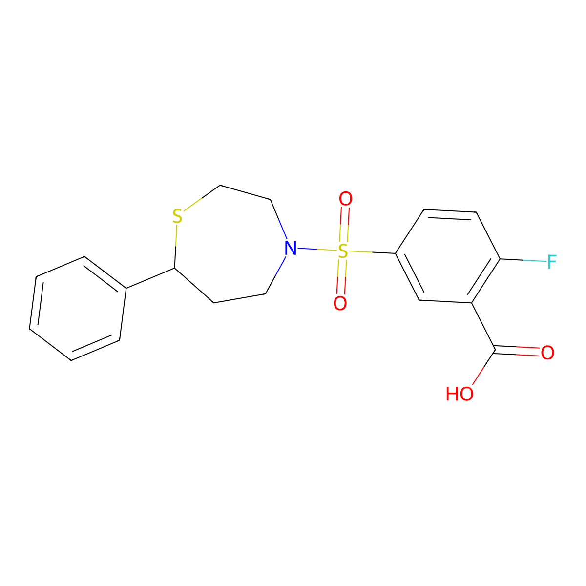 2-Fluoro-5-[(7-phenyl-1,4-thiazepan-4-yl)sulfonyl]benzoic acid molecular structure, CAS 1795302-15-6
