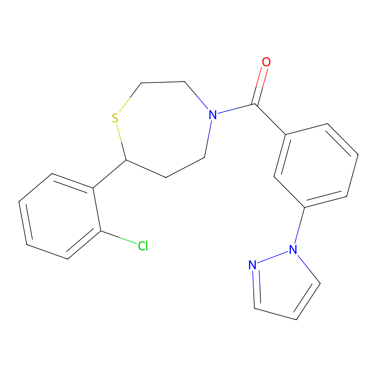 (3-(1H-pyrazol-1-yl)phenyl)(7-(2-chlorophenyl)-1,4-thiazepan-4-yl)methanone molecular structure, CAS 1795302-24-7
