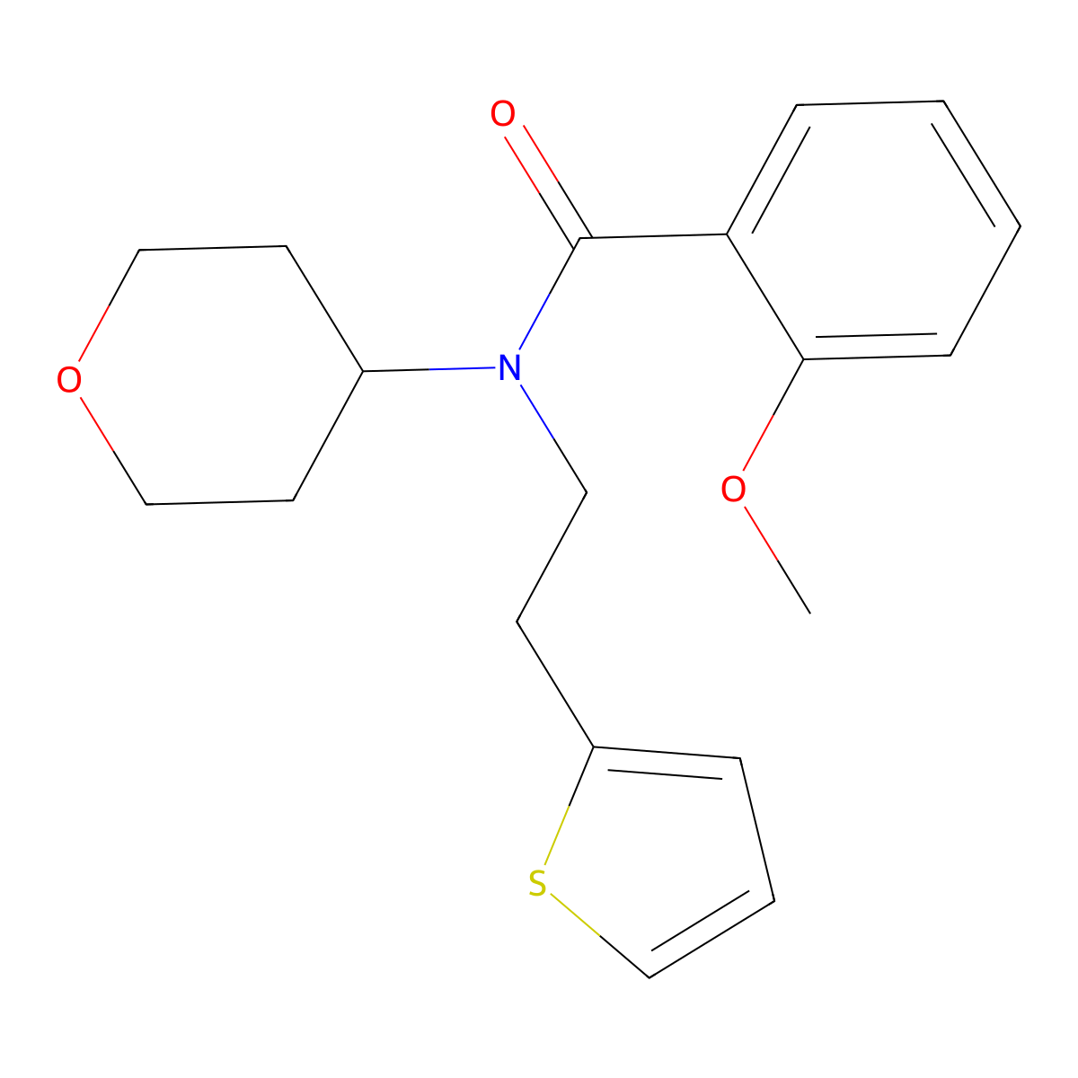 2-methoxy-N-(tetrahydro-2H-pyran-4-yl)-N-(2-(thiophen-2-yl)ethyl)benzamide molecular structure, CAS 1795302-60-1